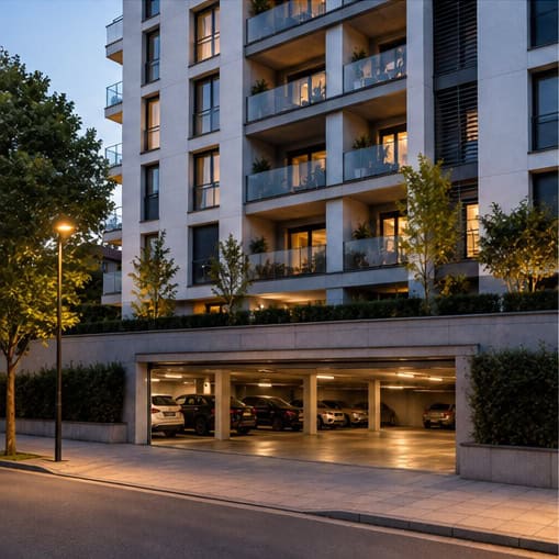 Edificio de viviendas con garaje subterráneo y sistema de ventilación